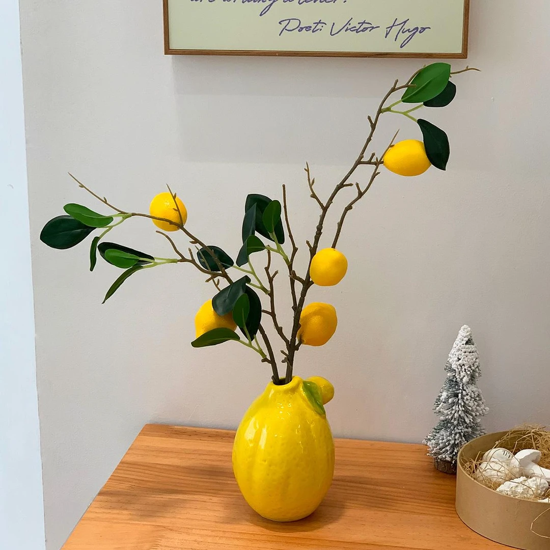 柠檬陶瓷花瓶仿真简约创意假水果创意摆件办公室桌面插花装饰摆件