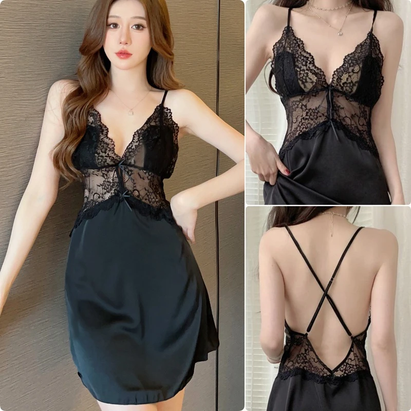 性感风冰丝吊带睡裙女生纯欲露背夏季可外穿蕾丝睡衣带胸垫连衣裙