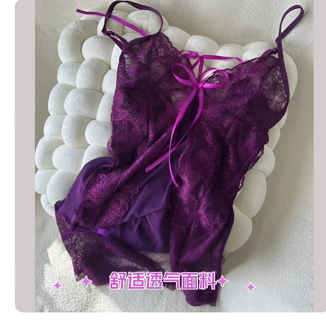 2024爆款性感紫色吊带睡衣女纯欲风蕾丝网纱美背吊带睡裙镂空薄款