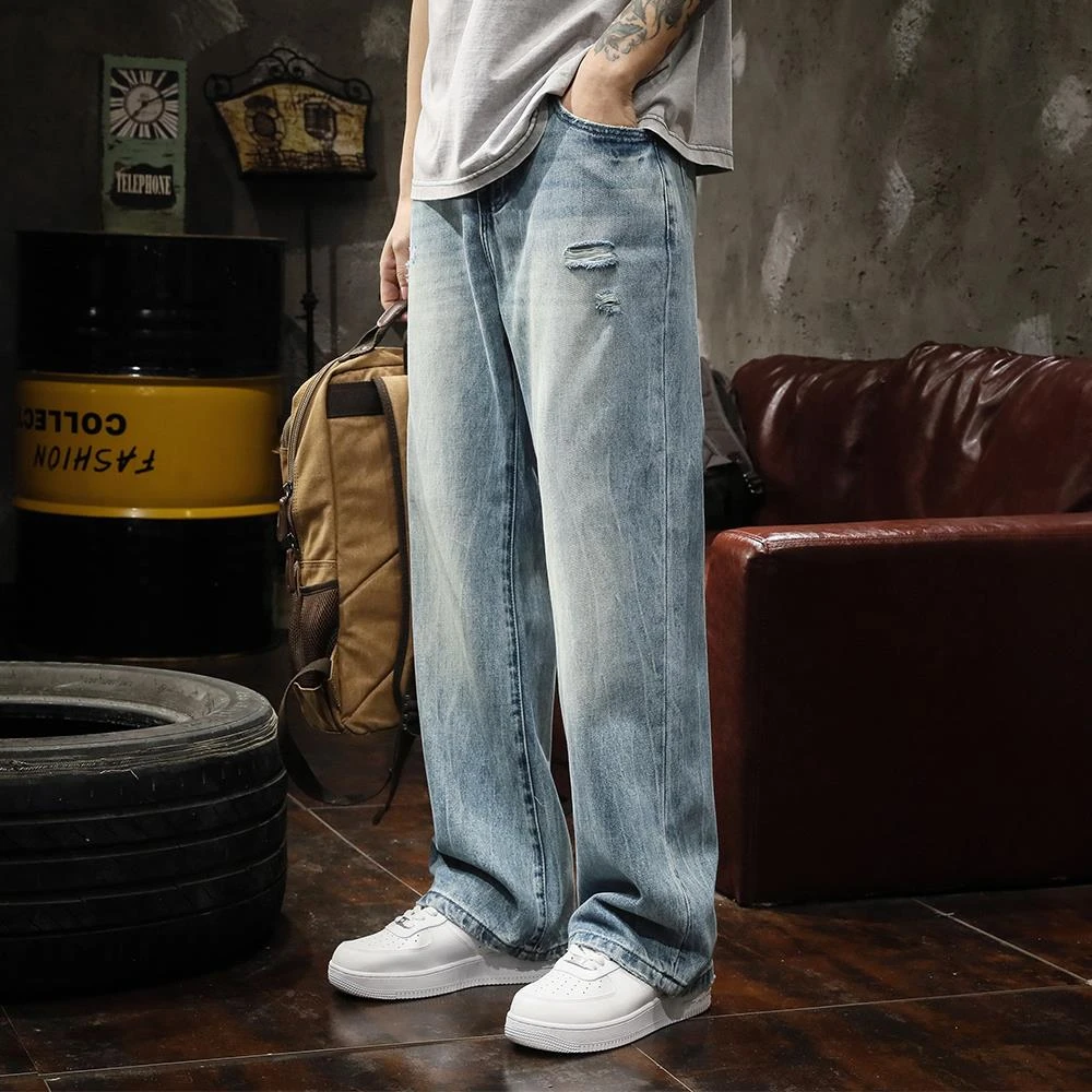 高端水洗破洞牛仔裤男款纯棉直筒宽松春秋季潮牌男士休闲阔腿裤子