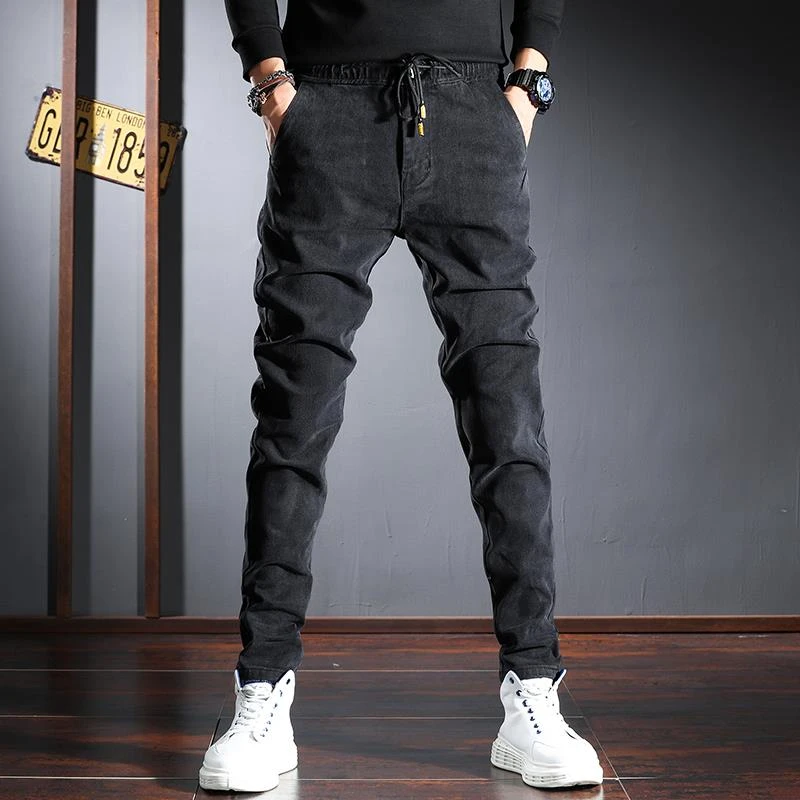 松紧腰休闲牛仔裤男春秋季潮流小脚裤子纯色韩版修身弹力长裤高端