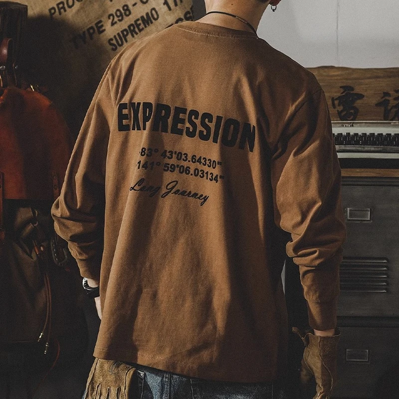 美式重磅平纹双纱纯棉T恤男长袖潮牌ins复古宽松圆领休闲打底衫潮