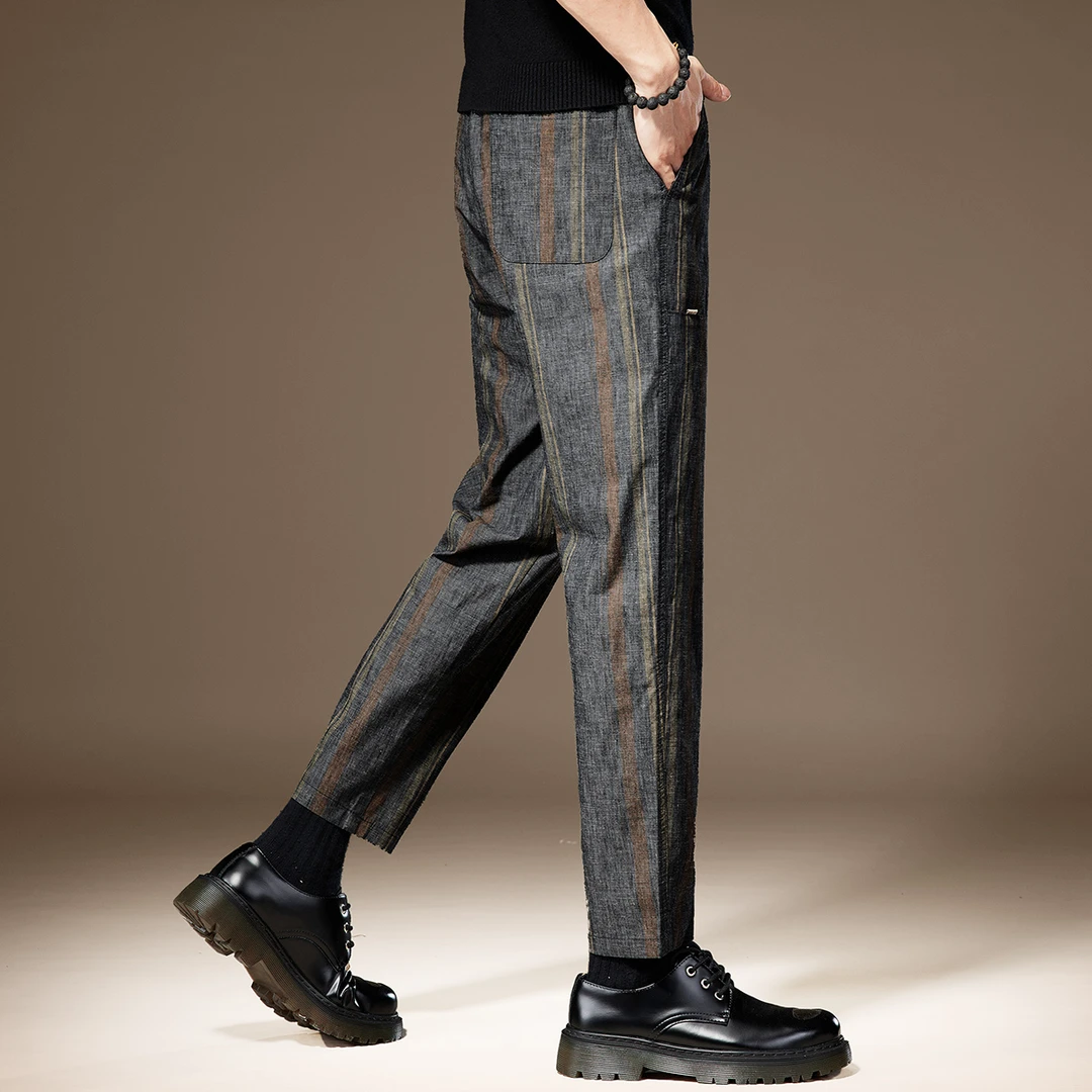 高端条纹男士九分裤夏季薄款复古流行宽松直筒设计感格子休闲裤子