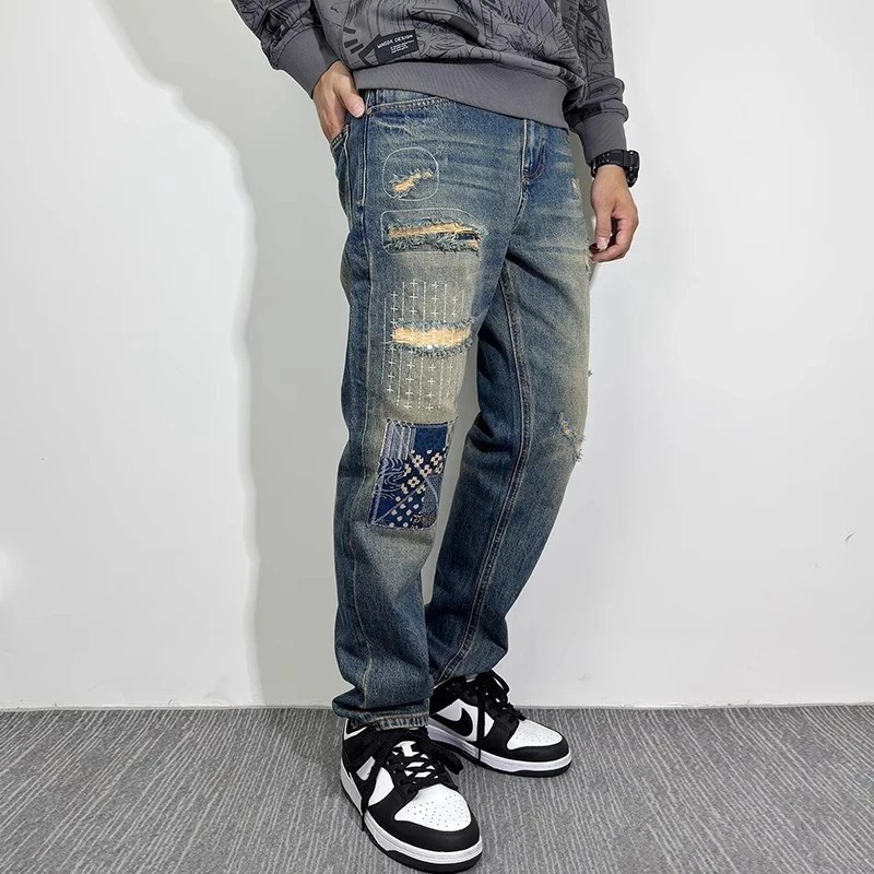 春秋潮牌牛仔裤男宽松直筒微锥高街破洞补丁高端秋季原创裤子百搭