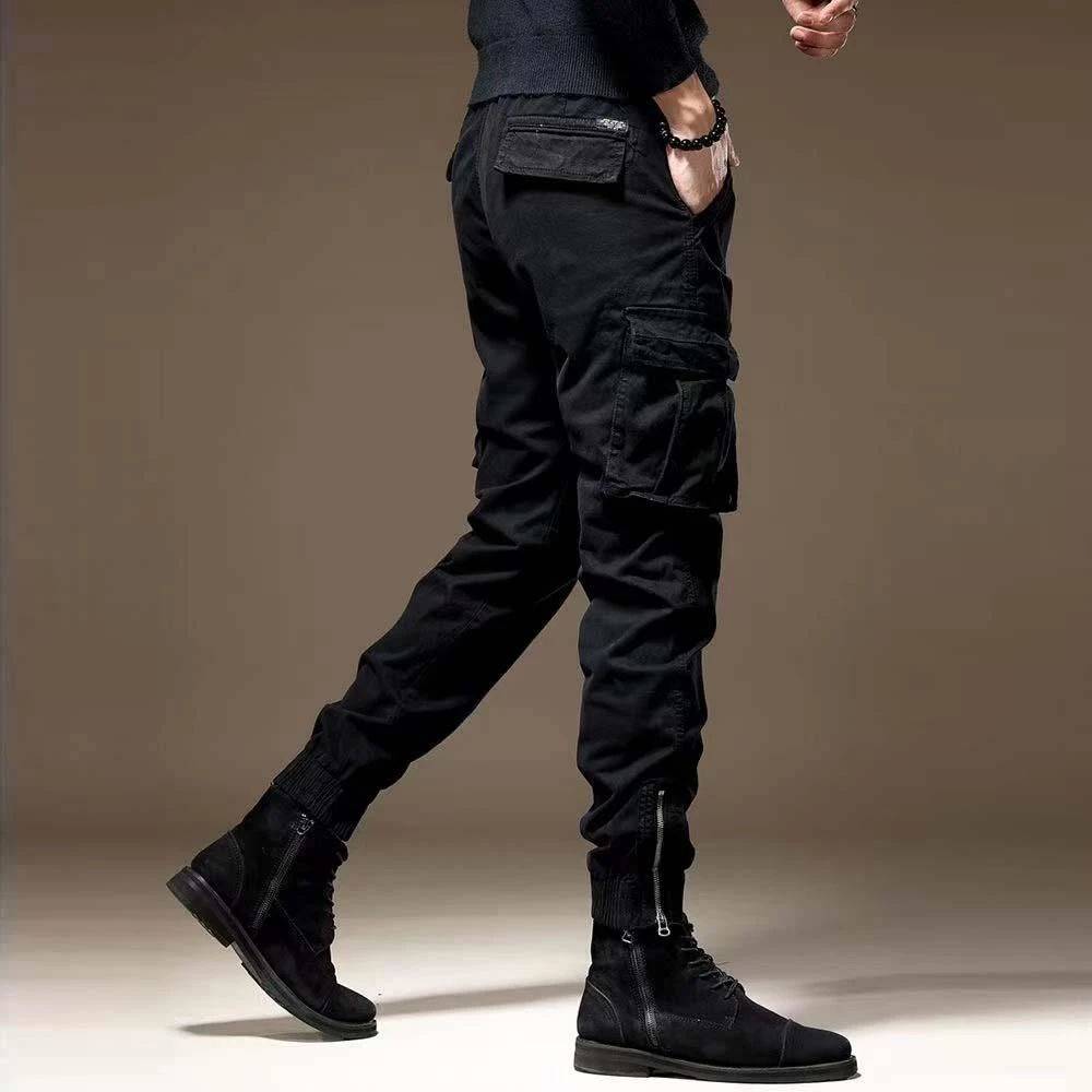 秋季新款百搭束脚男士工装裤秋冬加绒潮牌英伦雅痞黑色休闲长裤子