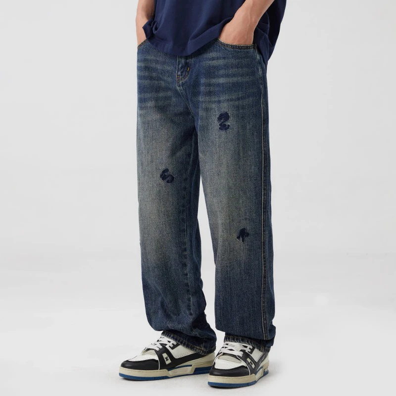 国潮牛仔裤男士秋季新款宽松爆款直筒长裤美式阔腿休闲裤潮流百搭