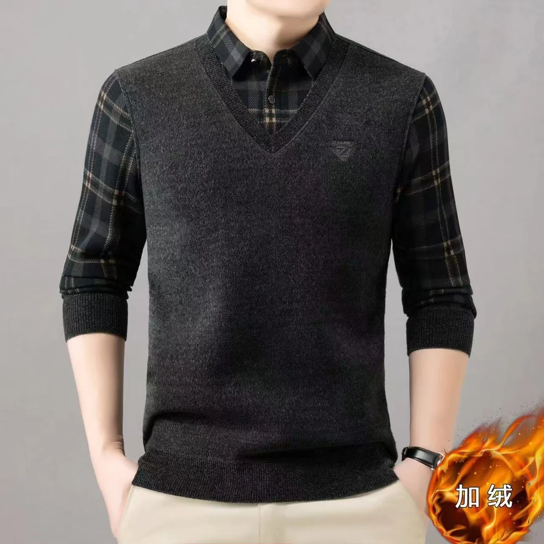 秋冬款男士休闲商务茄克舒适时尚短款假两件加绒长袖T恤