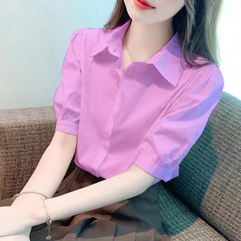 衬衫女夏季新款韩版时髦宽松大码上衣洋气纯色小衫泡泡袖衬衣潮