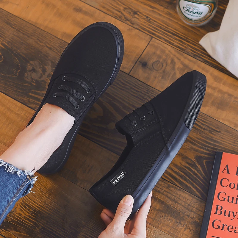 飞耀春夏全黑色一脚蹬女鞋平底休闲布鞋懒人帆布鞋韩版百搭潮chic