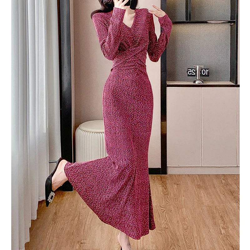 2024新款烫钻名媛高端连衣裙女神范高级感小礼服鱼尾长裙女人味