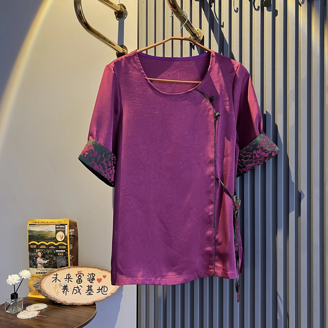 【爱人肉】大码时尚洋气百搭提花复古新中式半袖上衣77097