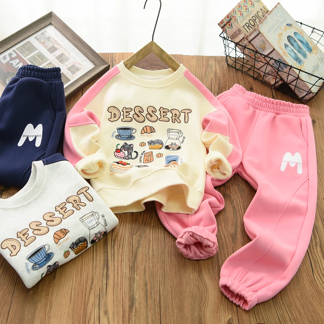 小猫刺绣撞色款韩版休闲帅气秋季圆领儿童套装 男童女童 小中大童