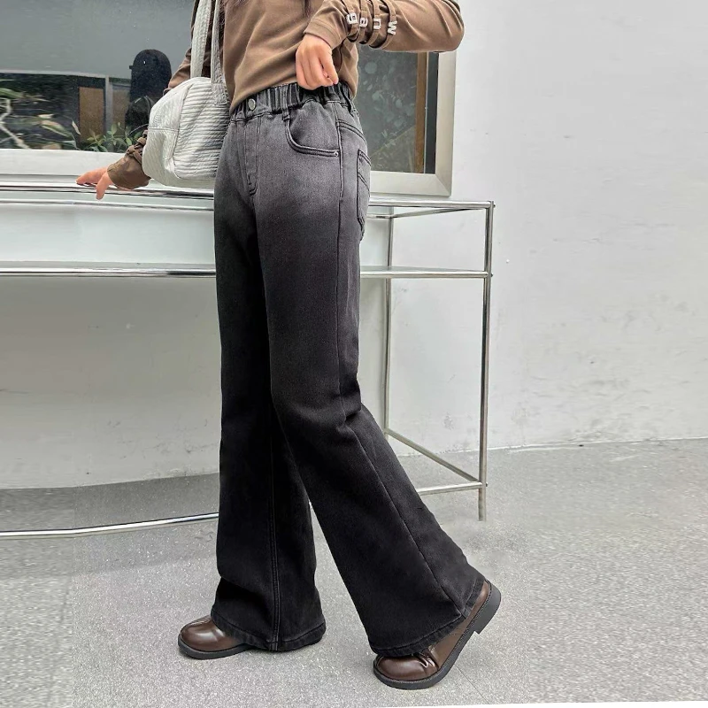 冬季新款女童加绒牛仔裤阔腿渐变喇叭裤子宽松百搭zb3987简约童品