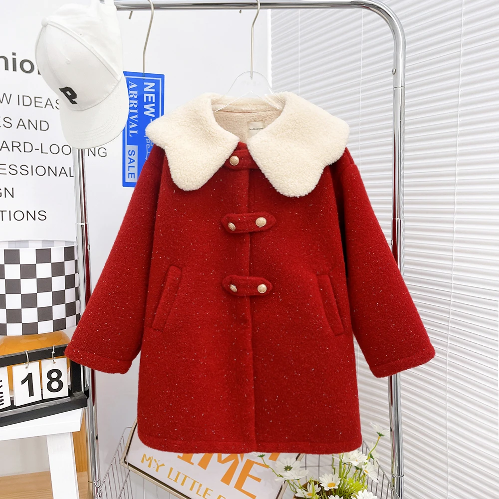 冬季新款2024年女大童加绒保暖亲子洋气长款呢大衣zb3831简约童品