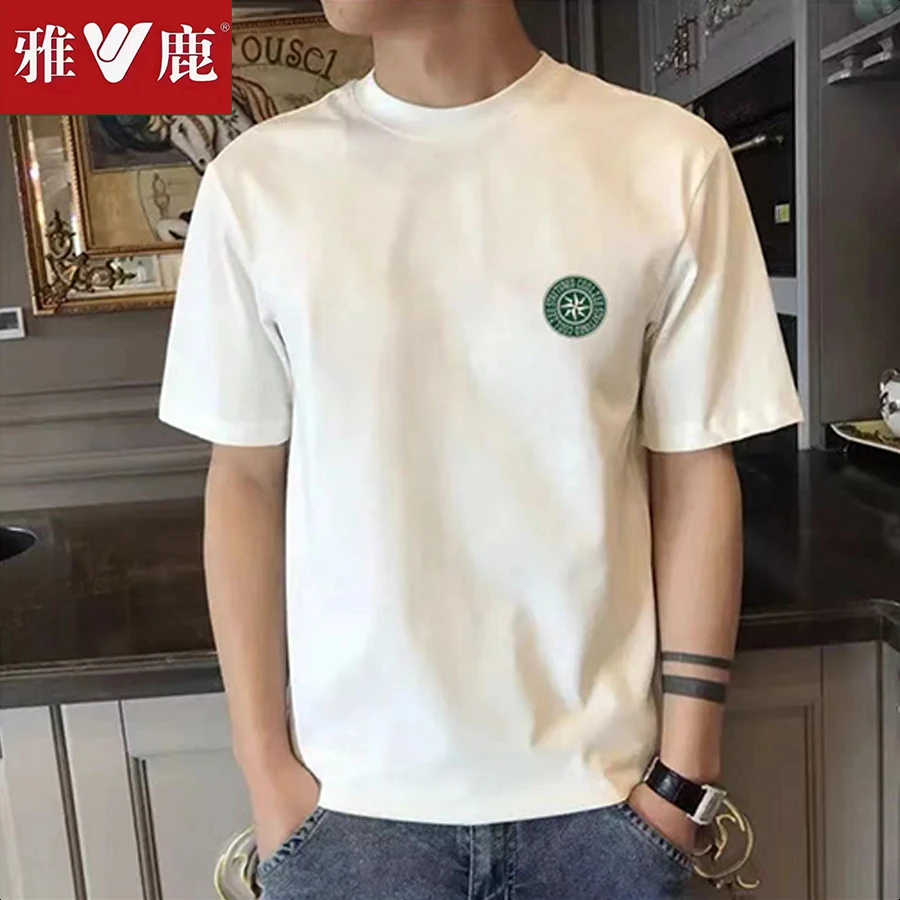 雅鹿夏季男士纯棉短袖t恤男女同款圆领潮流韩版宽松百搭印花半袖