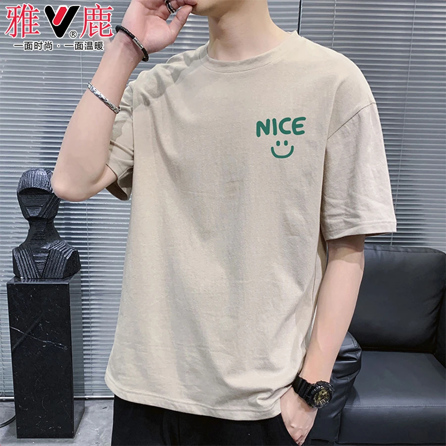 雅鹿夏季纯棉短袖t恤男潮流宽松圆领百搭印花打底衫韩版半袖ins