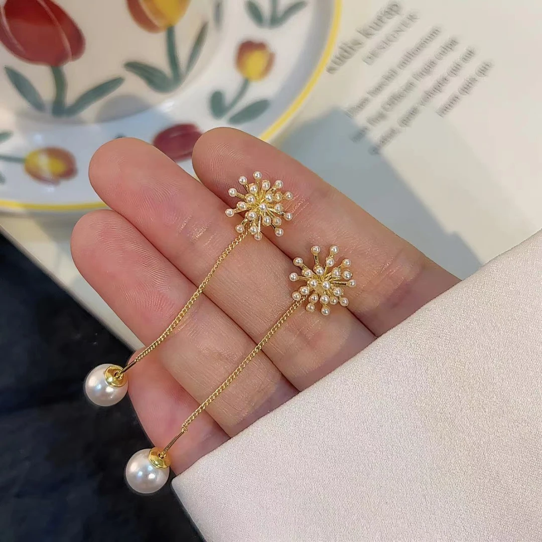 铜合金耳饰 烟花仿珍珠长款耳线两戴款韩版气质百搭2023新款耳饰