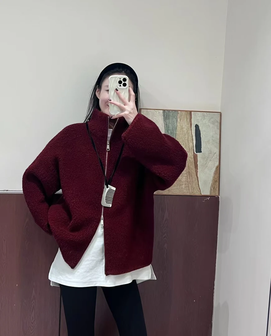 自留 简约高级强缩纯羊毛工艺拉链开衫 圈圈羊毛外套