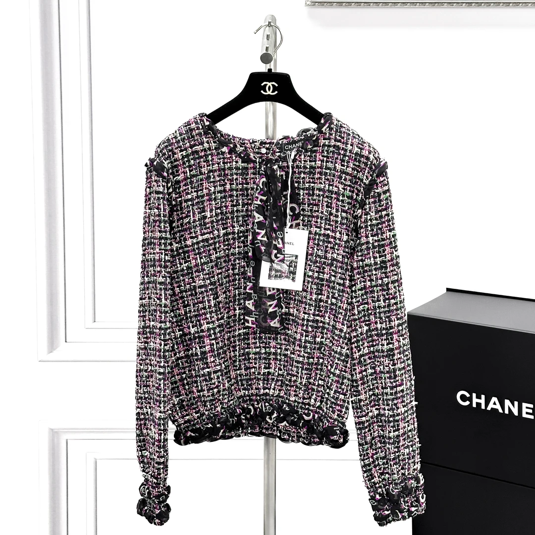 99新 Chanel/香奈儿 38码满logo飘带混色银扣长袖编织上衣