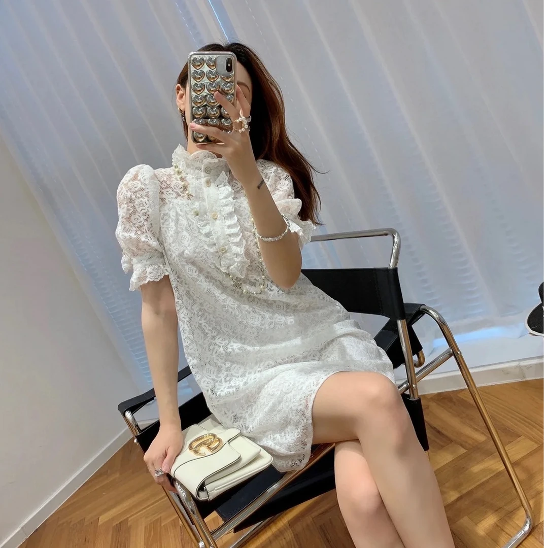 99新 GUCCI/古驰  38码 白色 蕾丝 短袖 连衣裙
