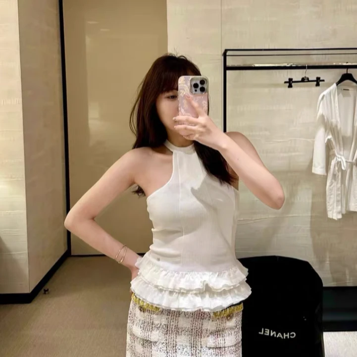 99新 Chanel/香奈儿 36码24S春夏白色蛋糕边挂脖吊带