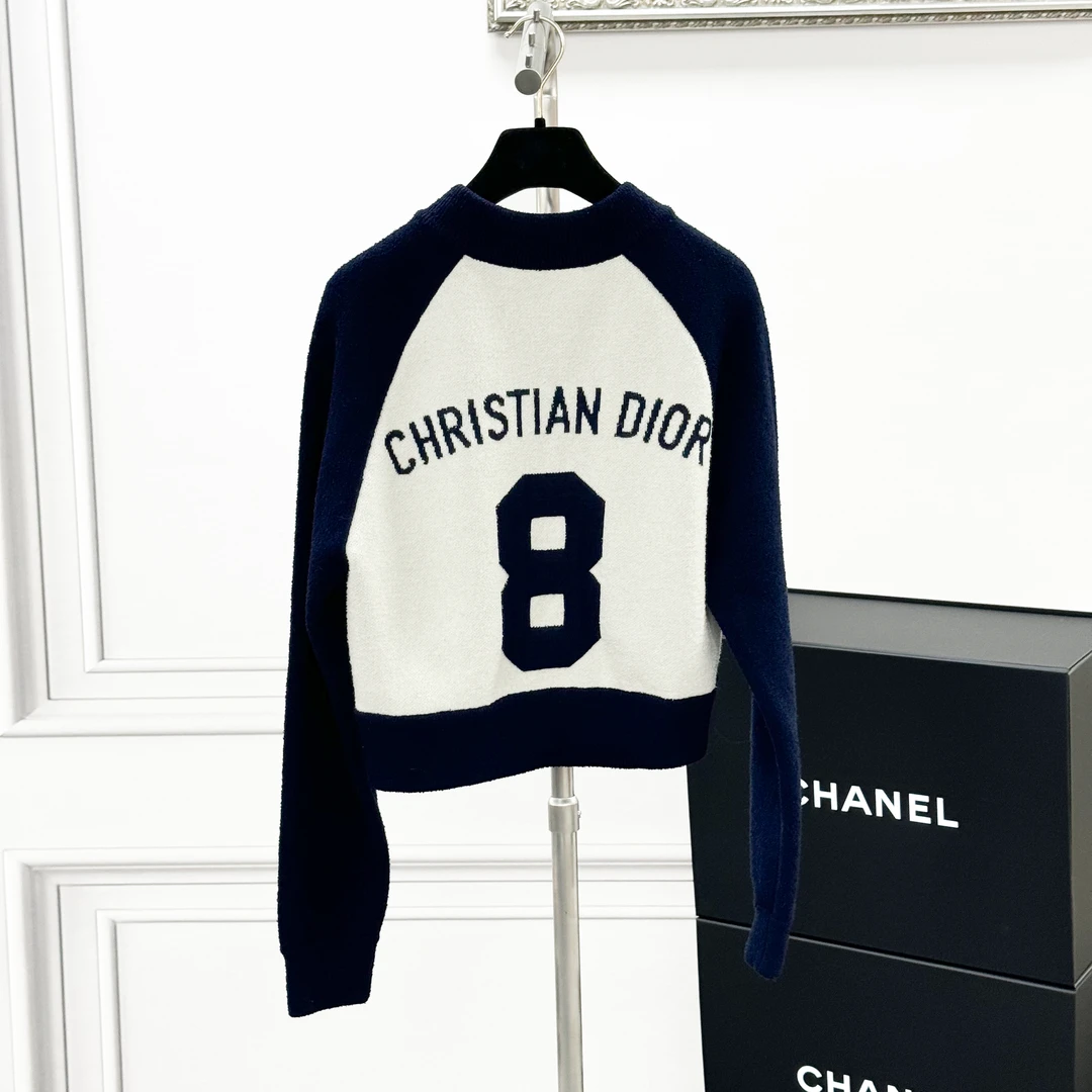 99新 DIOR/迪奥  F36码藏蓝色拼白色字母logo针织开衫