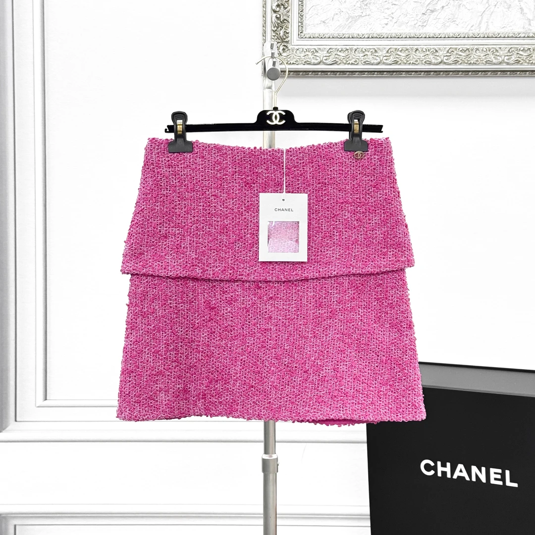 99新 Chanel/香奈儿 38码 21C桃粉混色软呢短裙