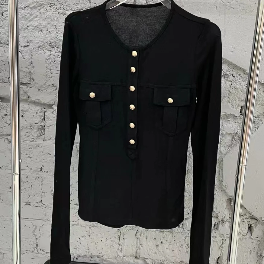99新 BALMAIN/巴尔曼 38码 黑色 拼金色纽扣 长袖 上衣