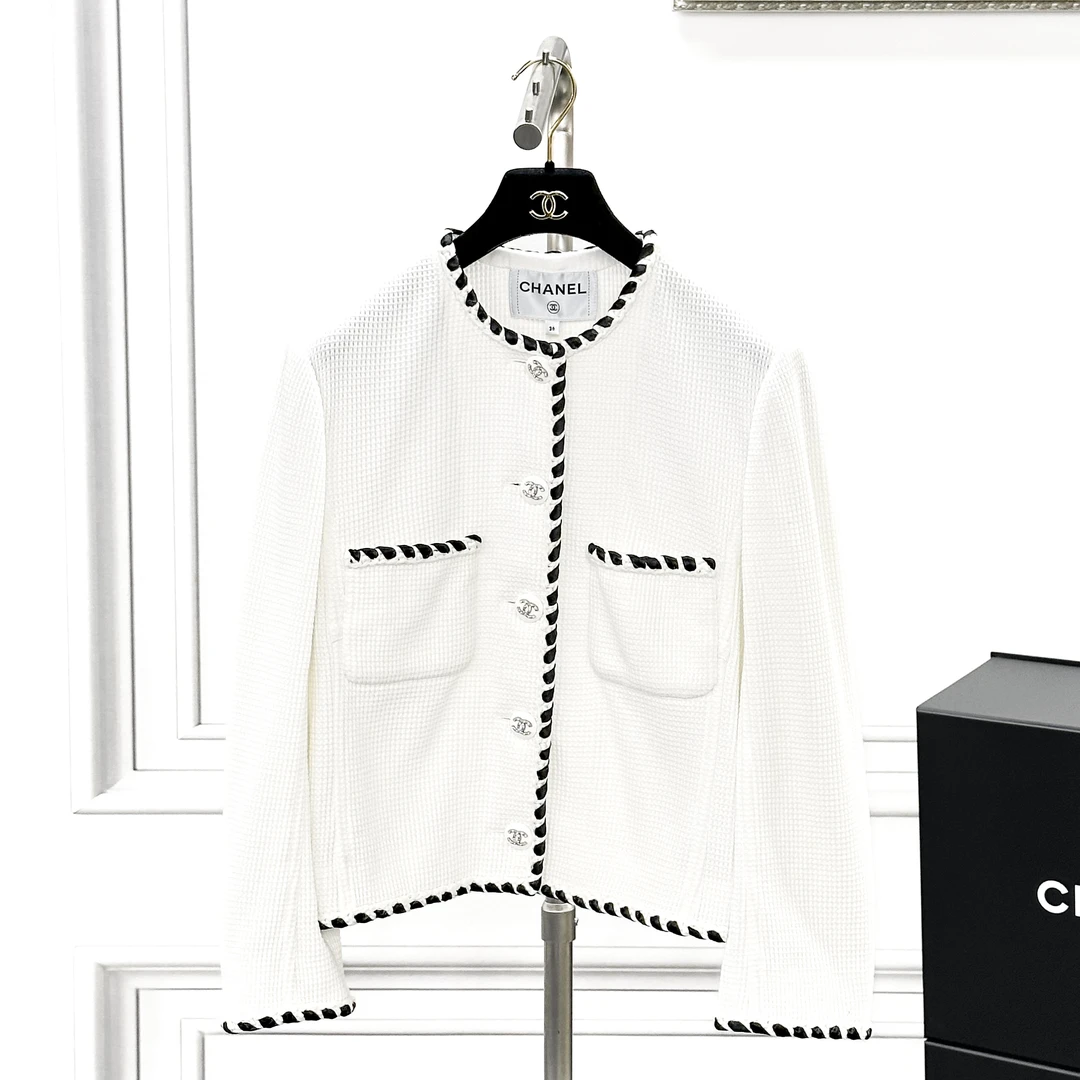 99新 Chanel/香奈儿 36码21S春夏白色黑边华夫外套