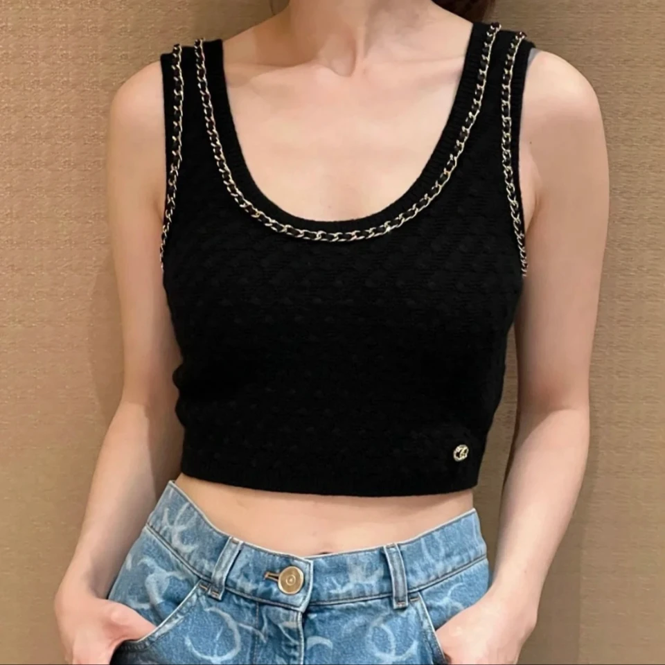 99新 Chanel/香奈儿 36码 23B爆款黑色皮穿链条背心
