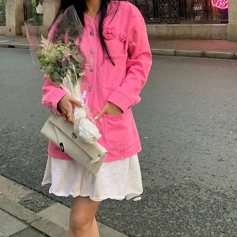 99新 Chanel/香奈儿 34码 玫红色 山茶花 四口袋 牛仔 外套