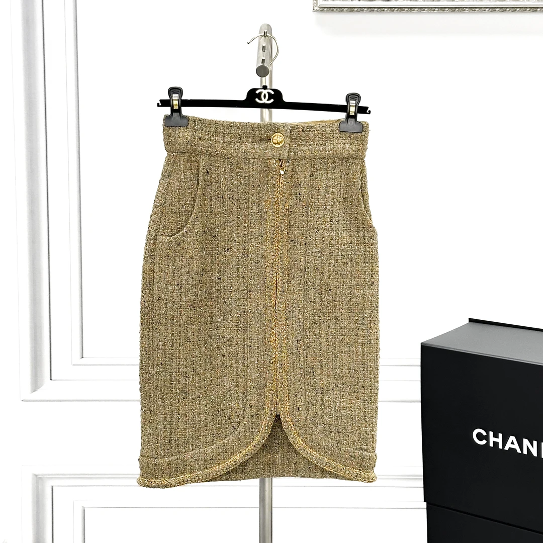 99新 Chanel/香奈儿 34码 棕色拼金色 编织 半身裙