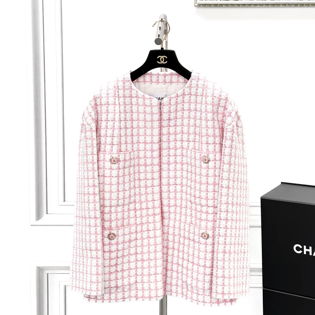 99新 Chanel/香奈儿 36码22S春夏爆款粉白格子软呢外套