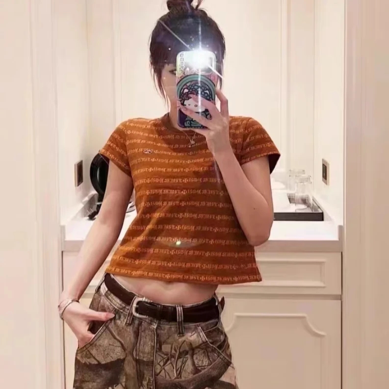 99新 Chrome Hearts/克罗心 S码 棕色拼橘色 短袖 T恤