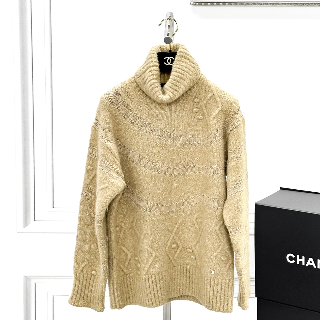 99新 Chanel/香奈儿 36码 23N coco neige卡其色高领长袖毛衣