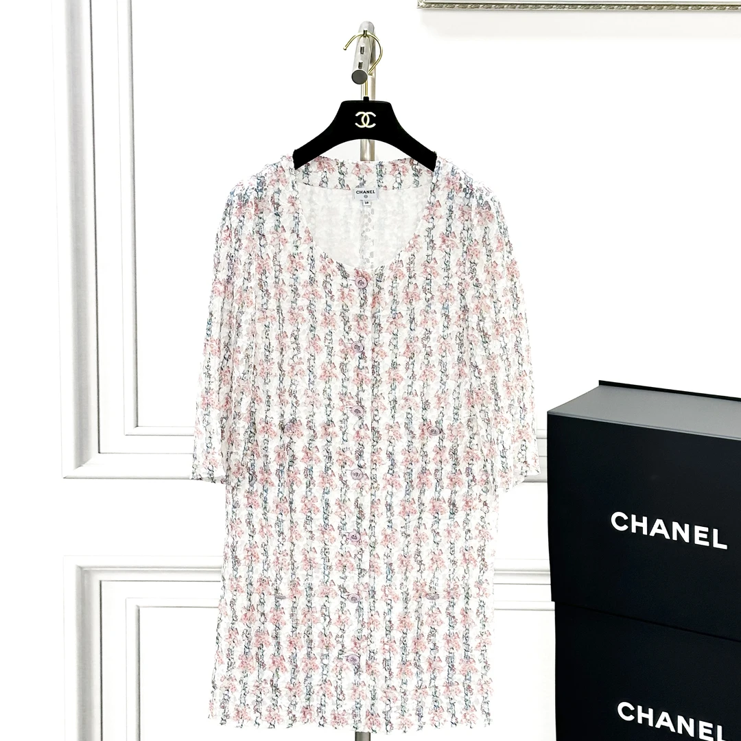 99新 Chanel/香奈儿 38码 23C早春度假粉白花朵中袖连衣裙