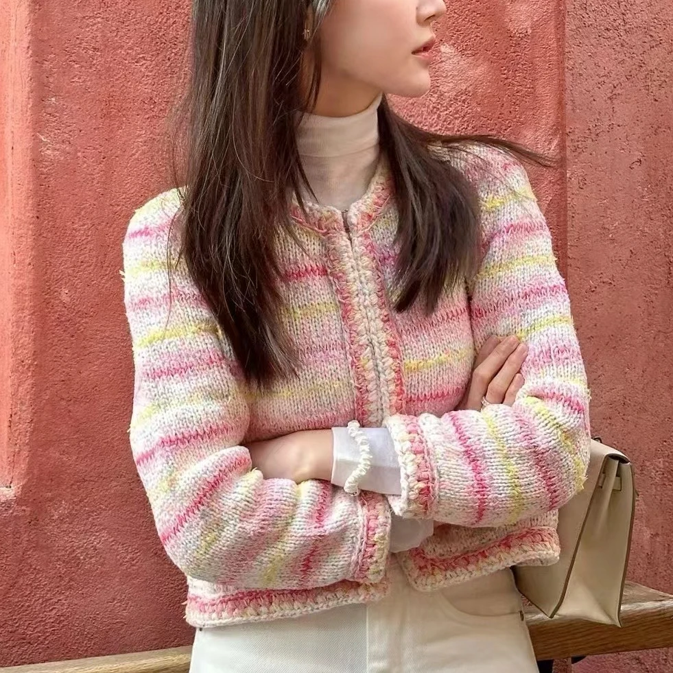 99新 Chanel/香奈儿 38码 24C爱心图案粉色横条纹短款开衫
