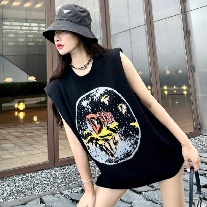 99新 DIOR/迪奥 XS码彩色图案黑色圆领无袖针织背心