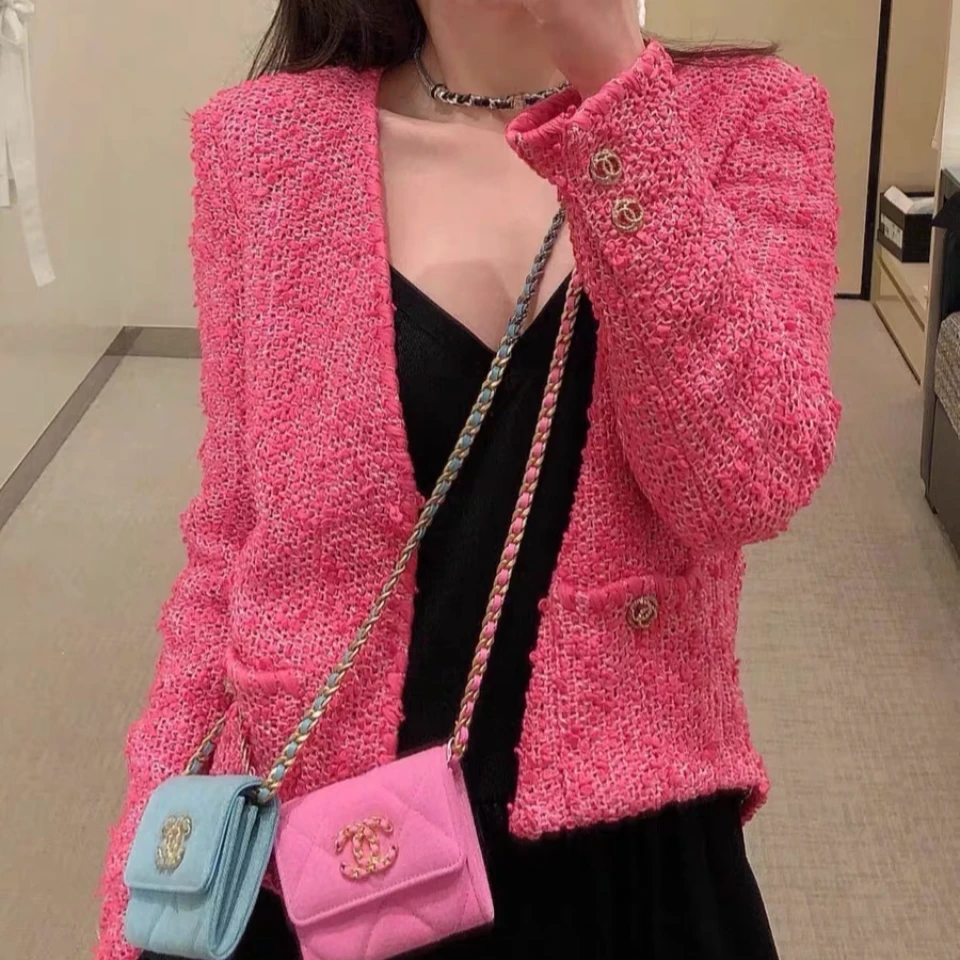 99新 Chanel/香奈儿 38码 21C桃粉色混色软呢V领外套