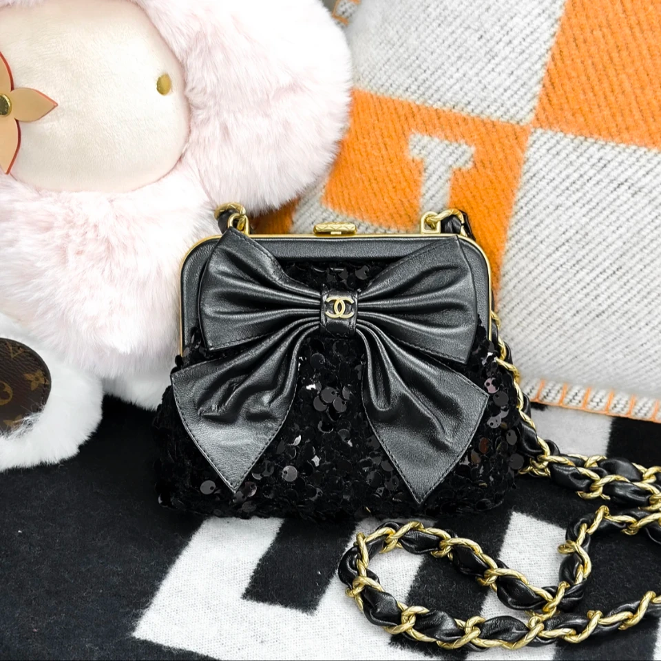 99新 Chanel/香奈儿 24A黑色亮片蝴蝶结链条包
