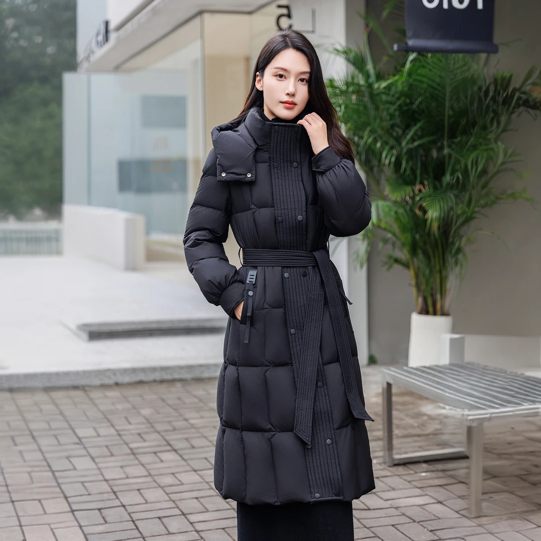 新国标90白鸭绒连帽收腰羽绒服时尚中长款中长款加厚修身保暖