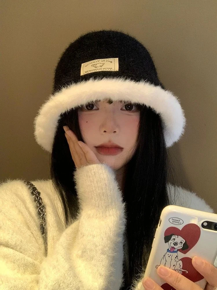 黑色毛绒渔夫帽女秋冬季2024新款显脸小水桶帽韩版百搭保暖帽子潮