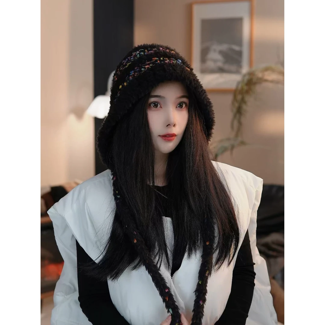 ins彩虹糖豆~甜美流苏毛绒帽子冬天女2024新款秋冬百搭包头帽