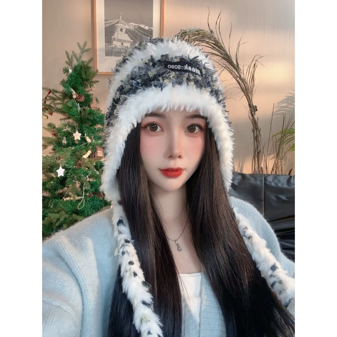 美拉德毛线帽子显脸小女冬季辫子加厚保暖护耳防寒百搭毛绒针织帽