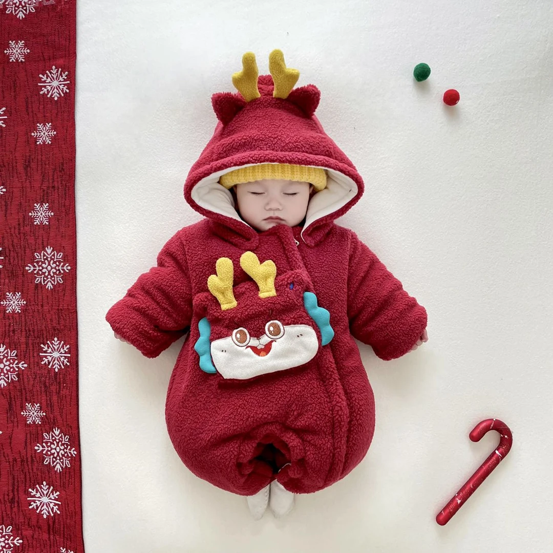 钓鱼猫婴幼儿加厚红色拜年服冬季宝宝保暖外出服可拆帽连体棉服