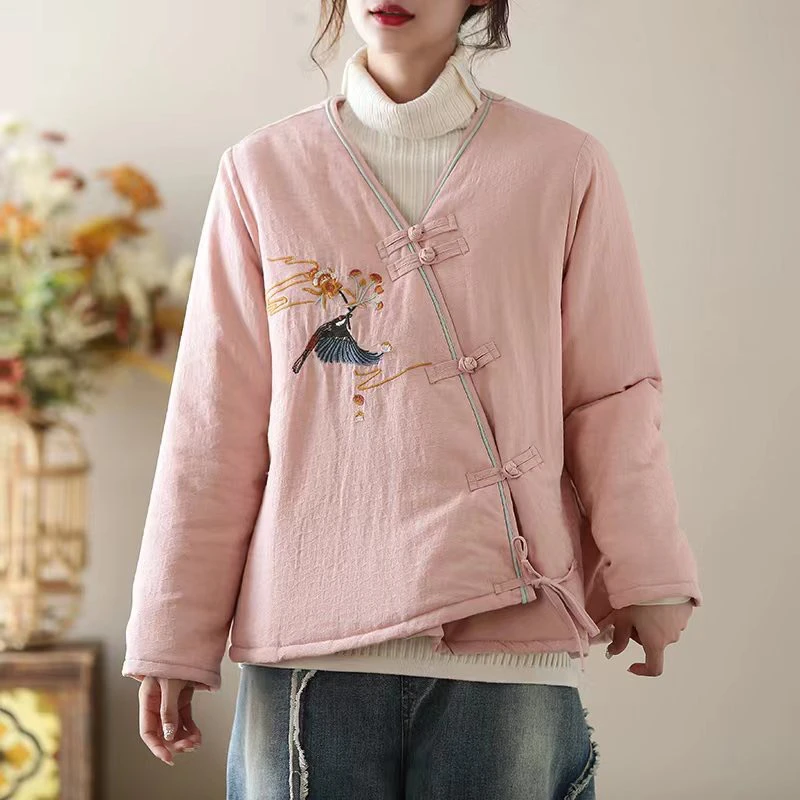 2024冬季拼色滚边斜襟盘扣V领飞鸟刺绣棉服女新中式复古棉袄-212