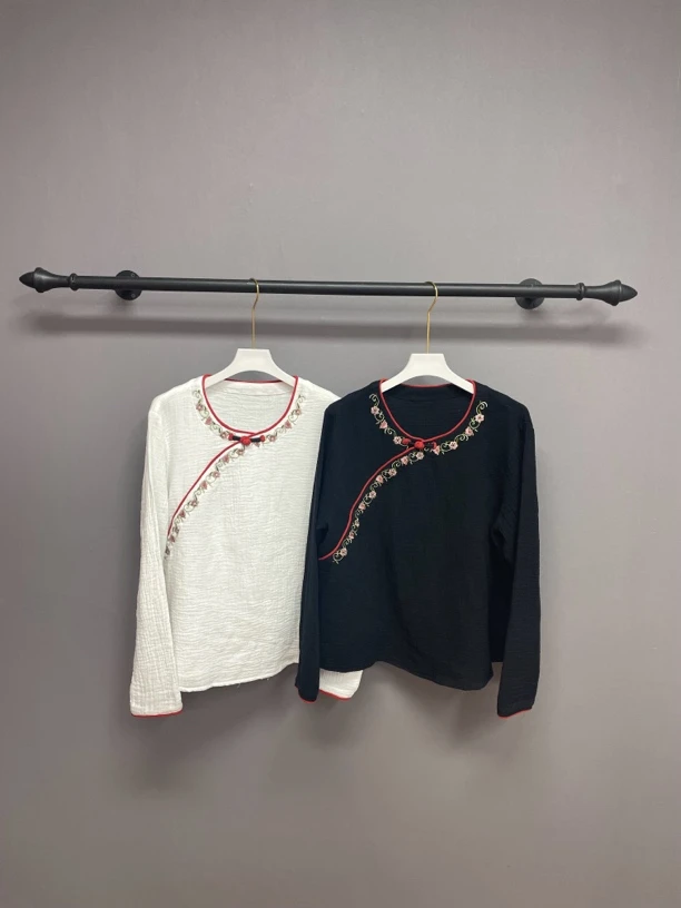 2024新款新中式复古文艺双层棉纱女宽松百搭温婉可人气质小衫-232