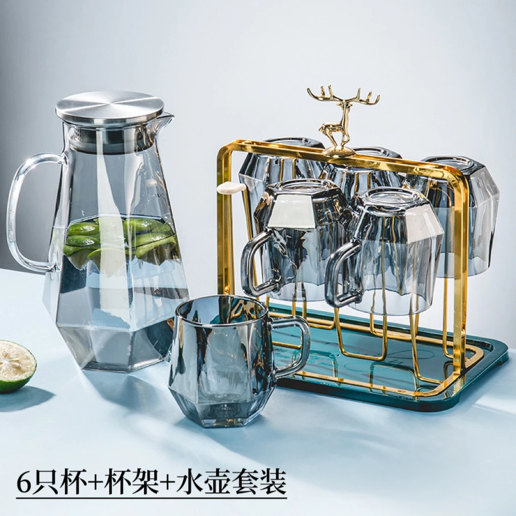 轻奢玻璃杯简约六角杯创意凉水壶家用把手杯喝水杯耐热玻璃杯套装