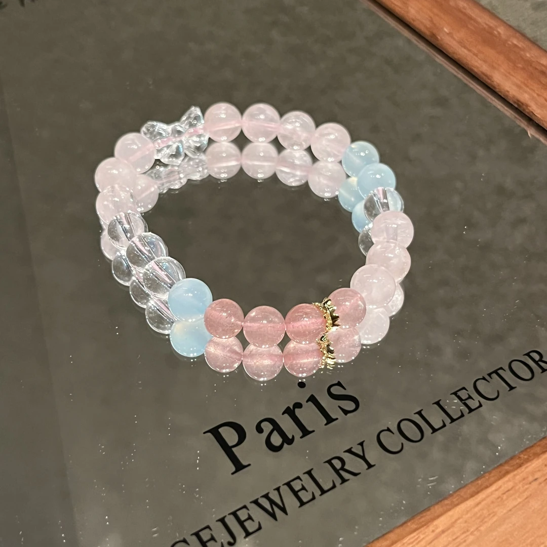 天然粉水晶白睡觉多宝蝴蝶结手串8mm设计款单圈