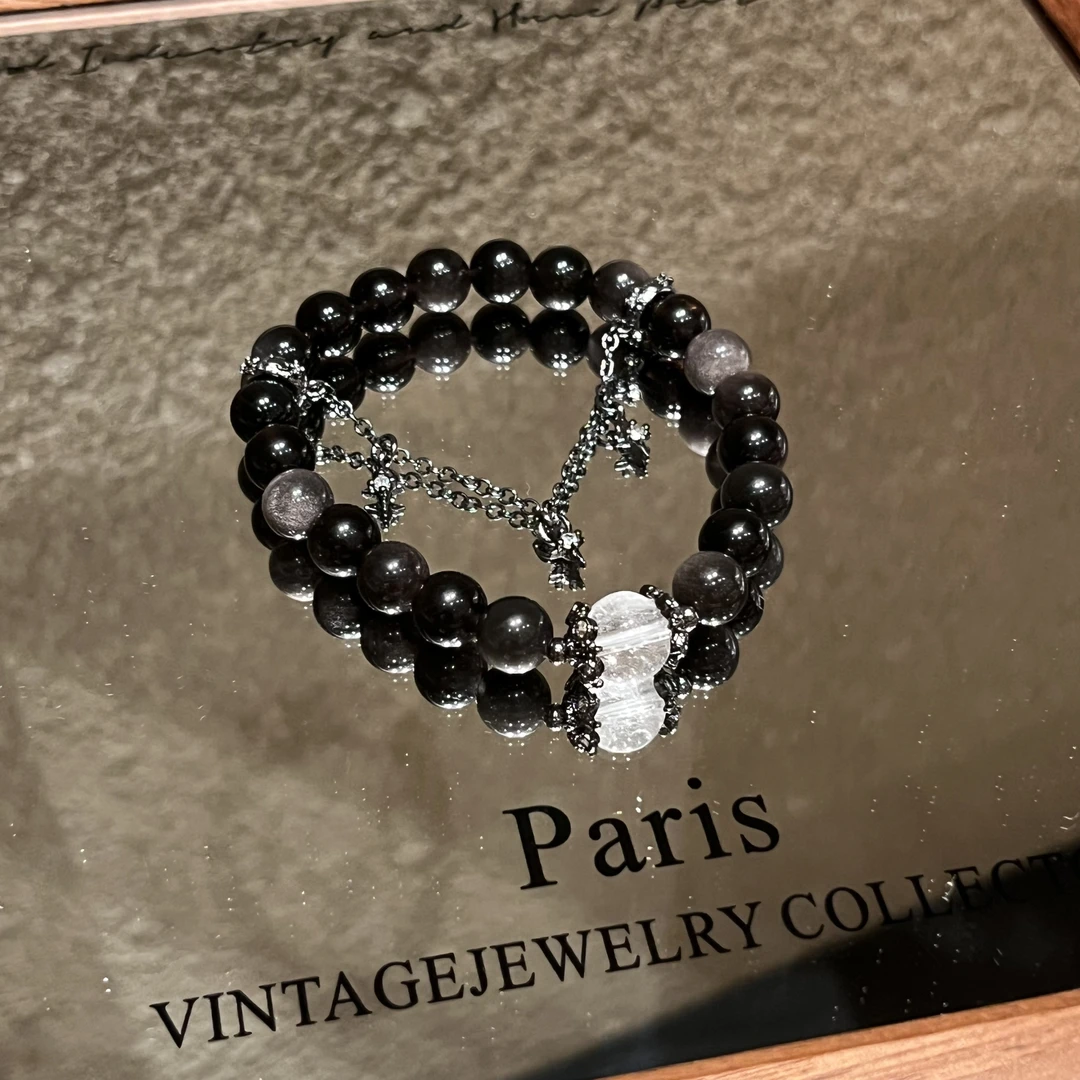 天然白水晶银曜石新中式8mm黑色小众手串手链ins8mm